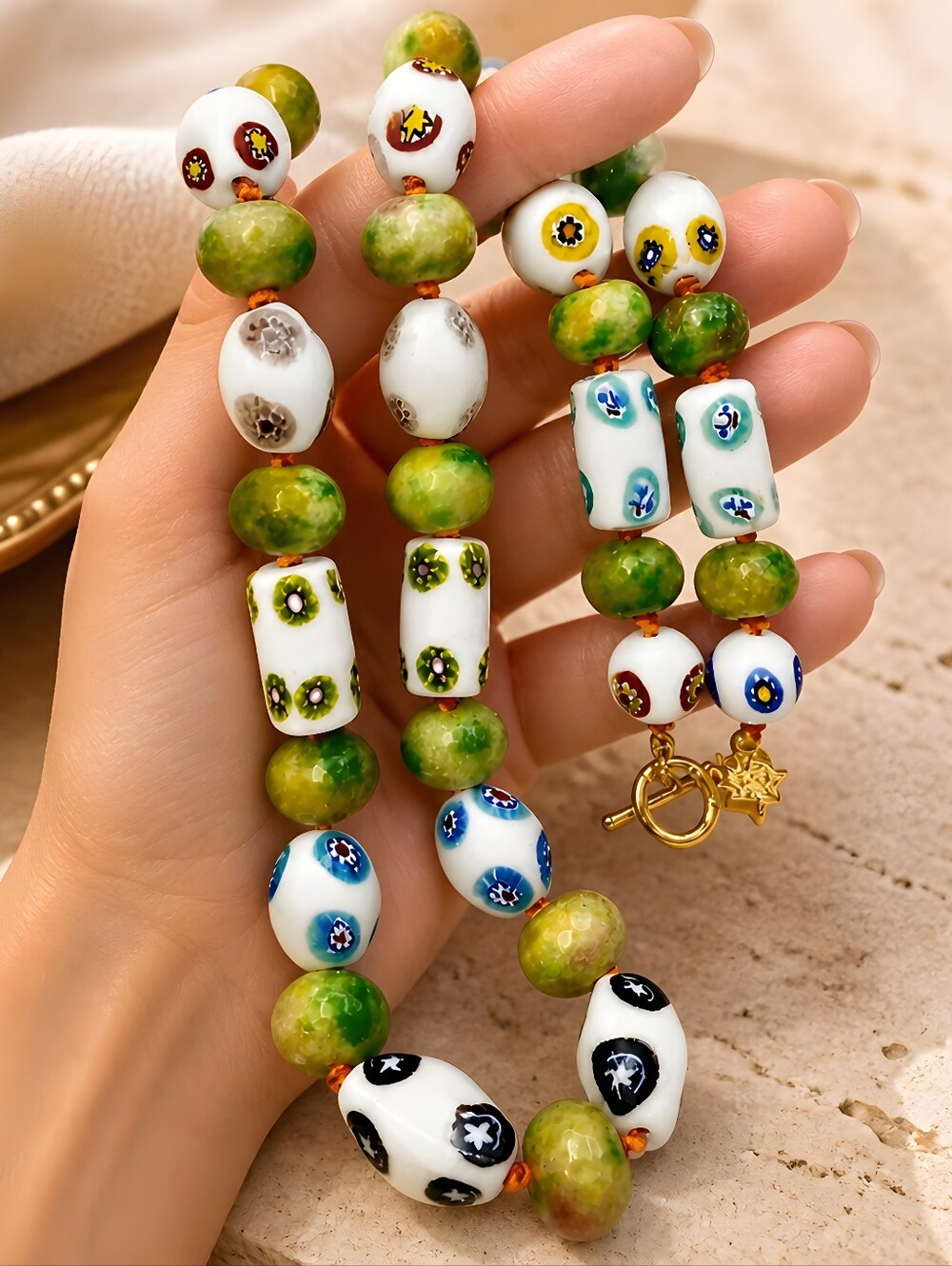 Hand Knotted Rainbow Jade White Flower Glass Beads Aprilsplace Orginal Golden π - Picture 4 of 6